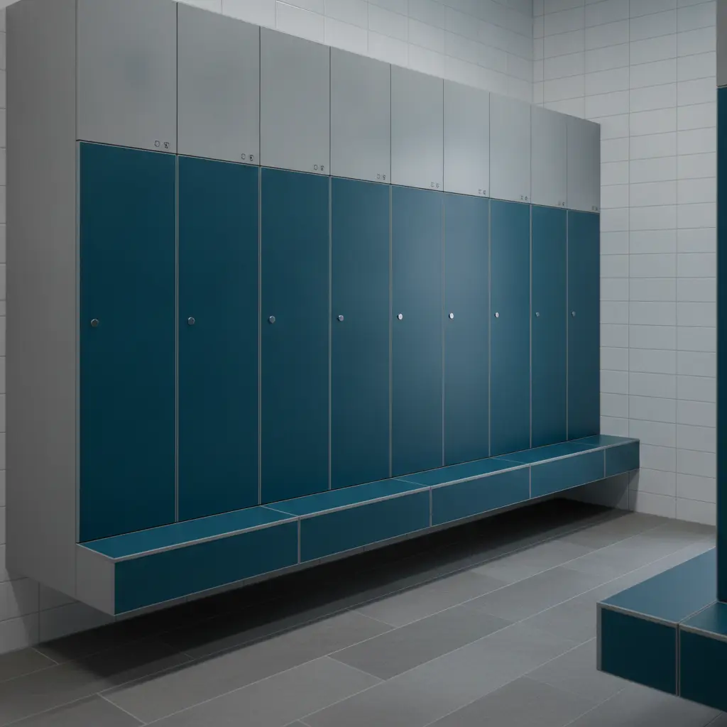 Omklædning i svømmehal med lockers og bænke i kompaktlaminat