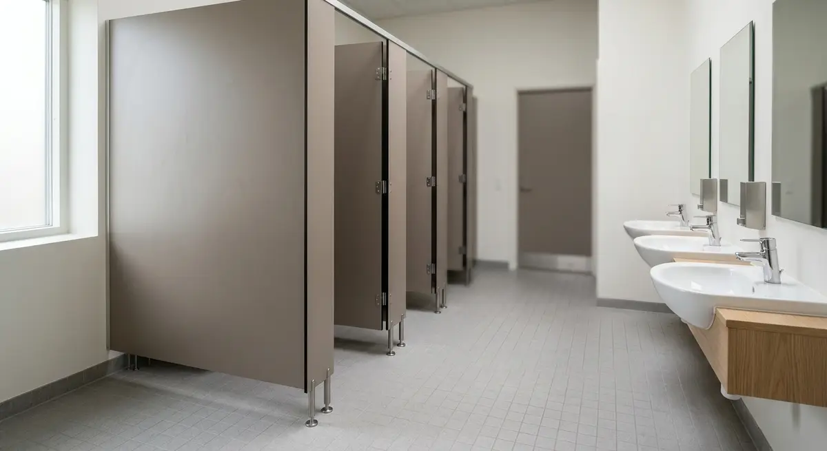 Række af toiletbåse i varmgrå kompaktlaminat med sort kerne på justerbare ben i et skoletoilet