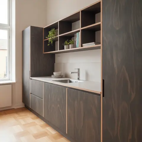 Køkkenvæg med bejdsede krydsfinerlåger i charcoal
