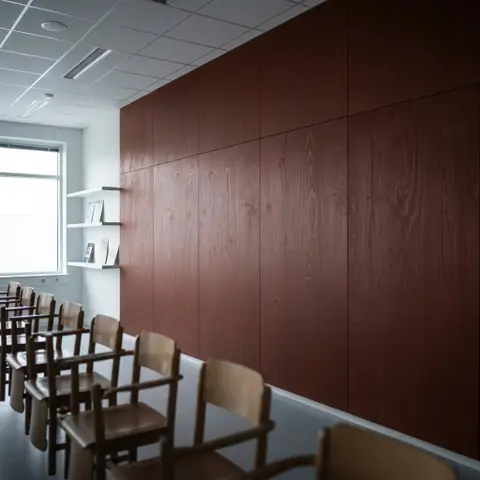 Vægbeklædning i krydsfiner i rødbrun