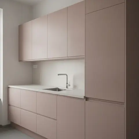 Køkkenvæg i laminat i rosa bourbon
