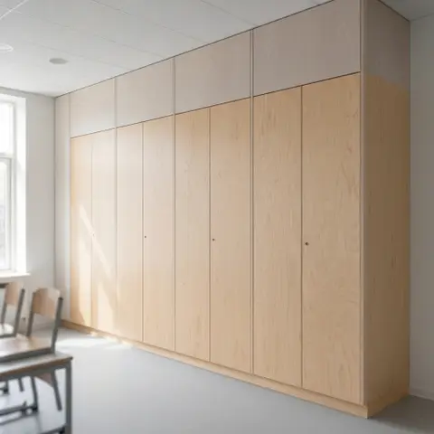 Højskab med bejdsede krydsfinerlåger i klar olie