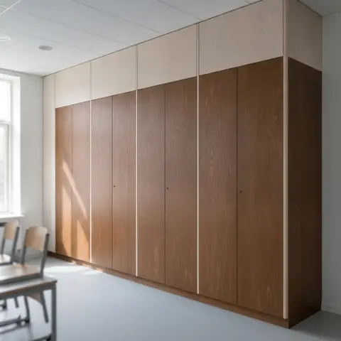 Højskab med bejdsede krydsfinerlåger i cocoa